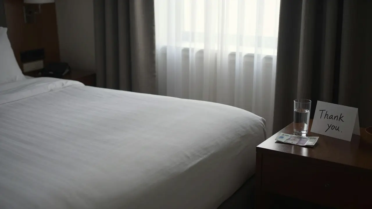 An empty hotel room at dawn, tidy and peaceful, with a thank-you note and payment left behind.