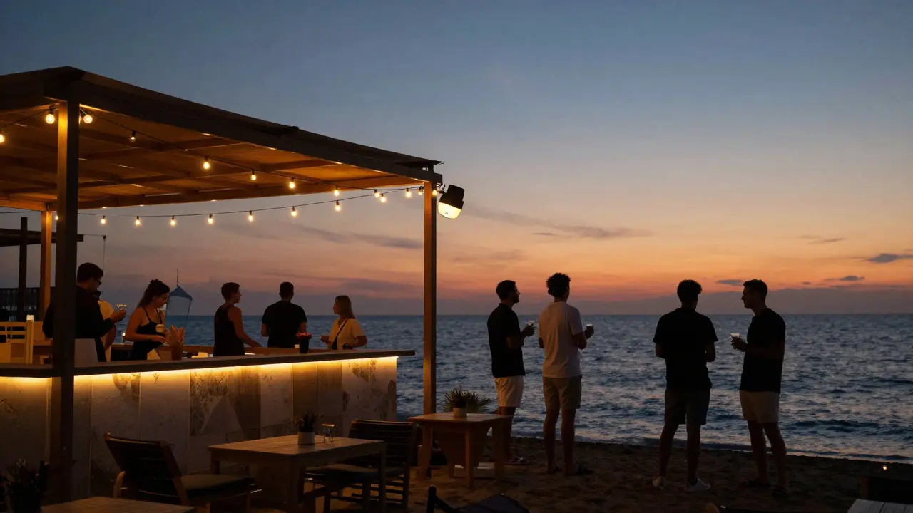 Beach club lounge area at dusk with people socializing near the sea.