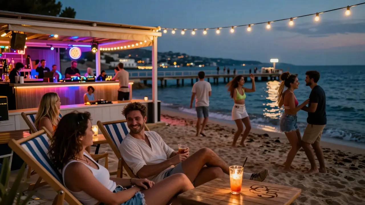 Beachside nightclub in Fontvieille with people dancing under neon lights and ocean waves, a DJ spinning disco music.