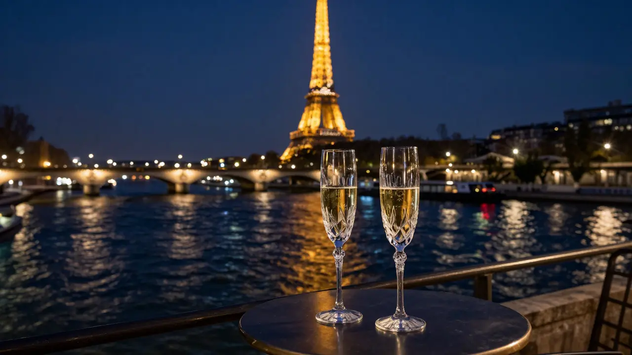 Champagne glasses on a boat deck overlooking Paris river lights.