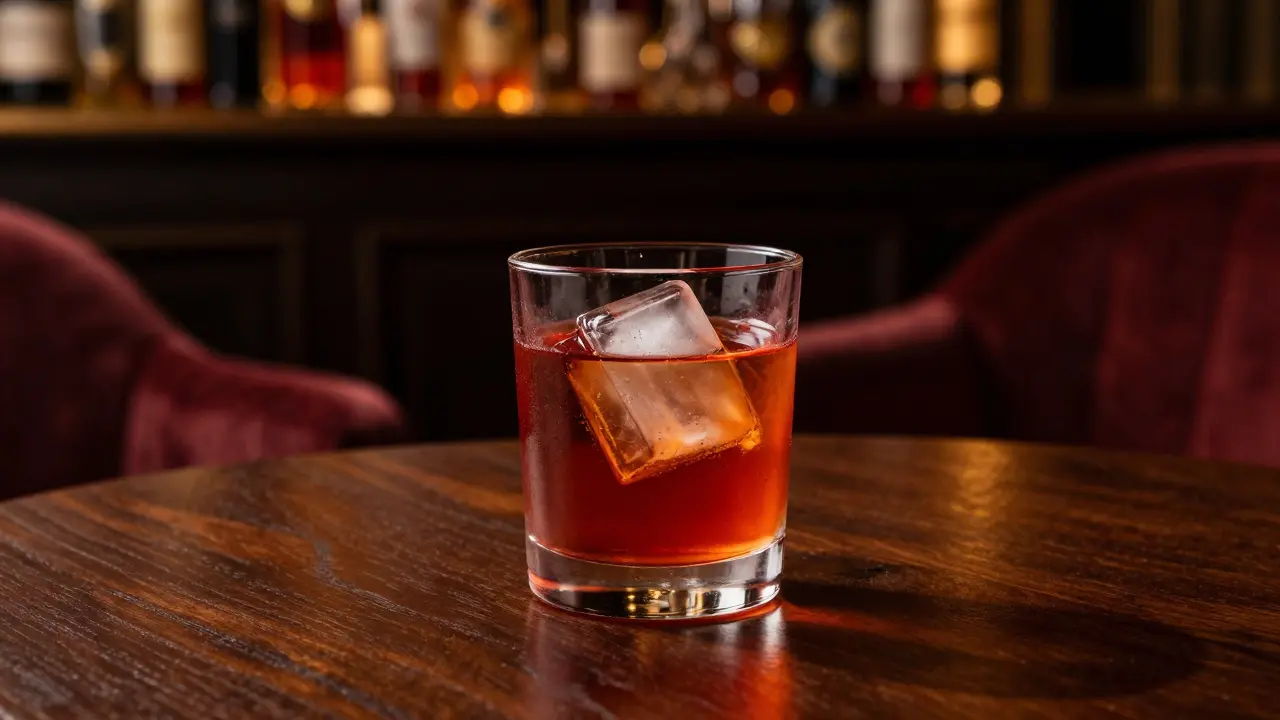 Close-up of a Negroni cocktail in a dimly lit elegant bar.