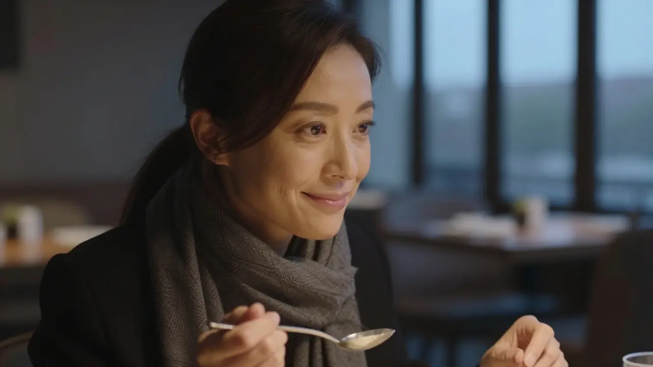 Close-up of a woman's genuine smile, scarf adjusted, twilight through windows, quiet presence.