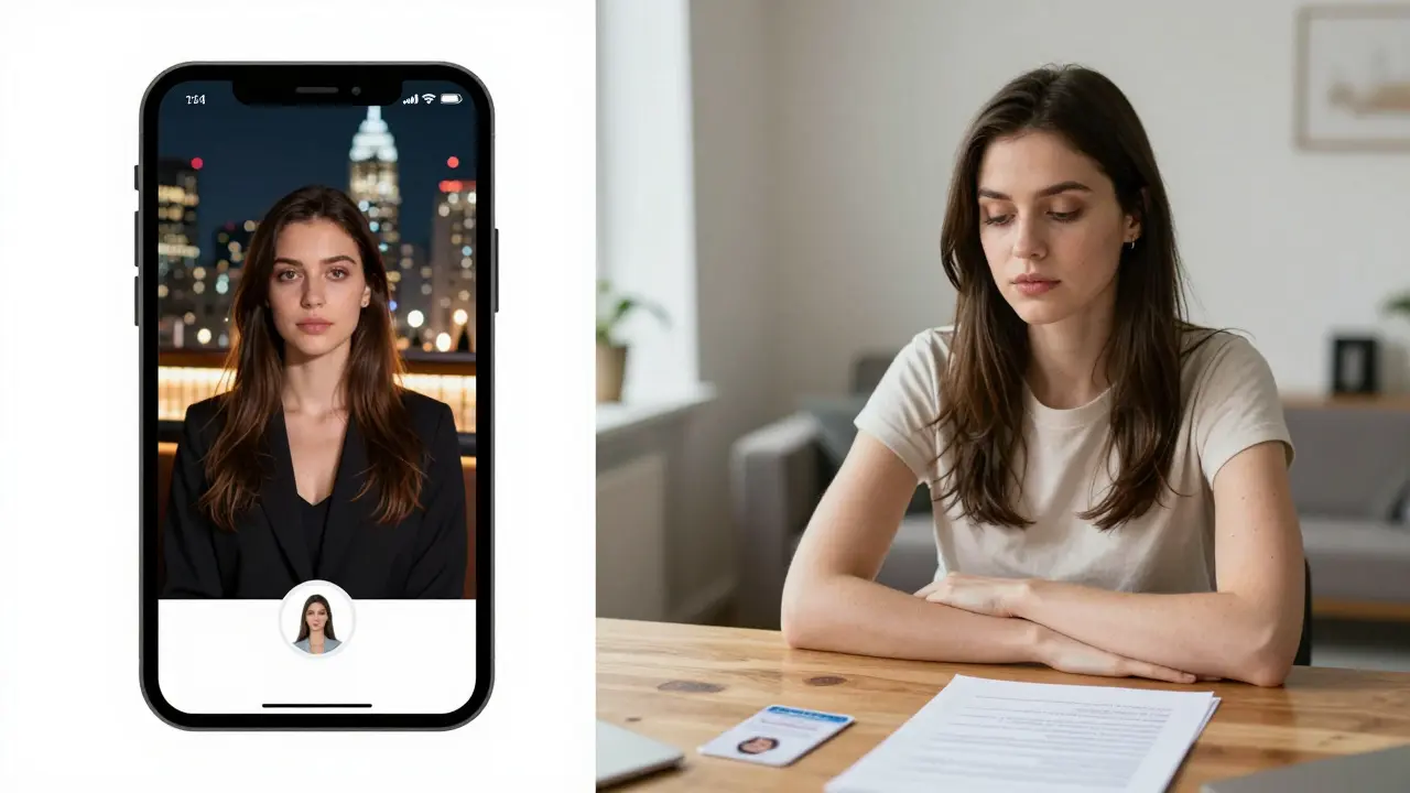 Contrasting image of a glamorous escort profile photo beside a simple, authentic workspace with ID and boundaries.