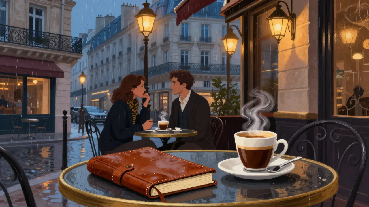 Cozy café table in Paris with espresso and books at night.