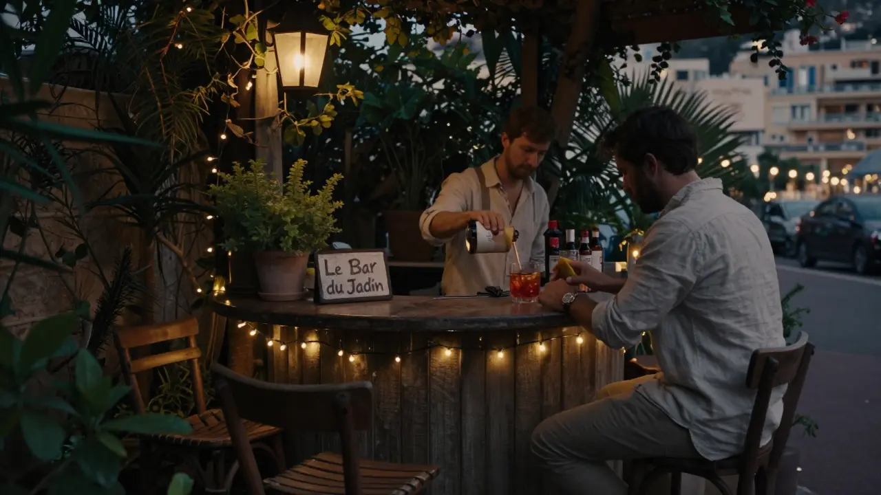 Cozy garden bar in Monaco-Ville with a bartender mixing cocktails under fairy lights and mismatched chairs at dusk.