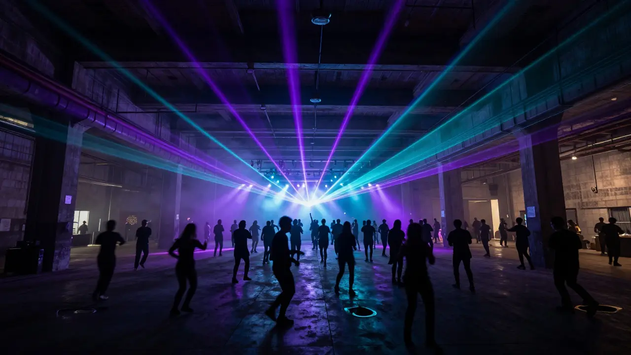 Crowd dancing in a large industrial warehouse club with neon laser lights