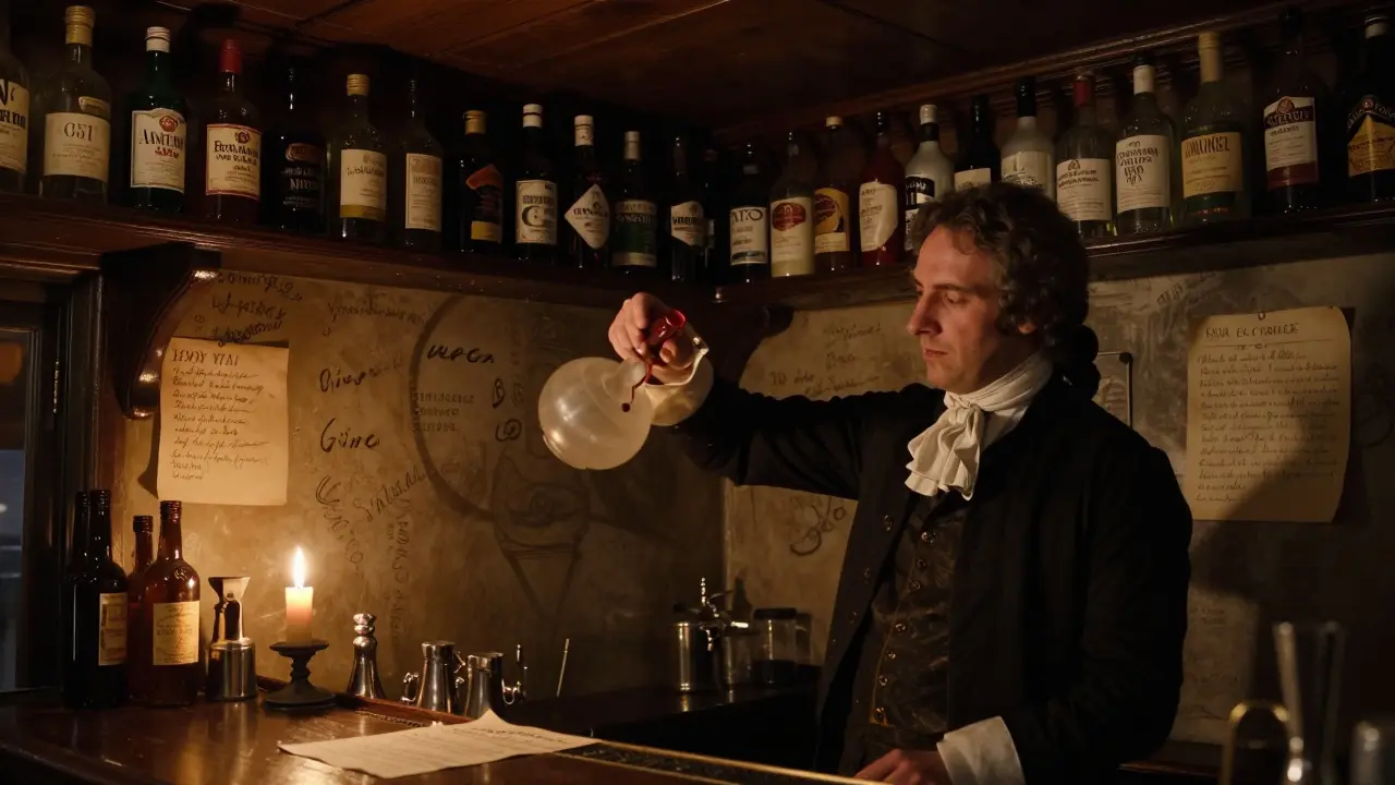 Dark, intimate gin house with antique bottles and carved wall markings, a barkeep pouring from an old decanter.