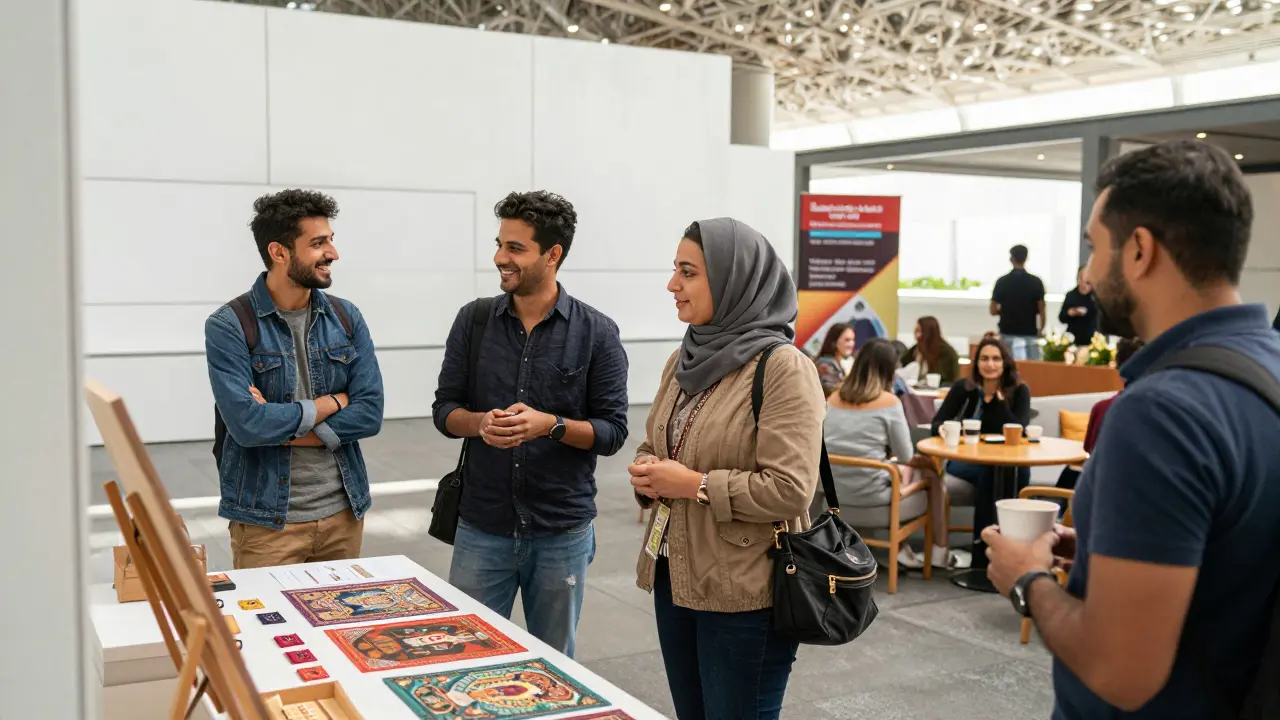 Diverse expats socializing at Louvre Abu Dhabi, enjoying art and coffee in a lively, culturally rich setting.