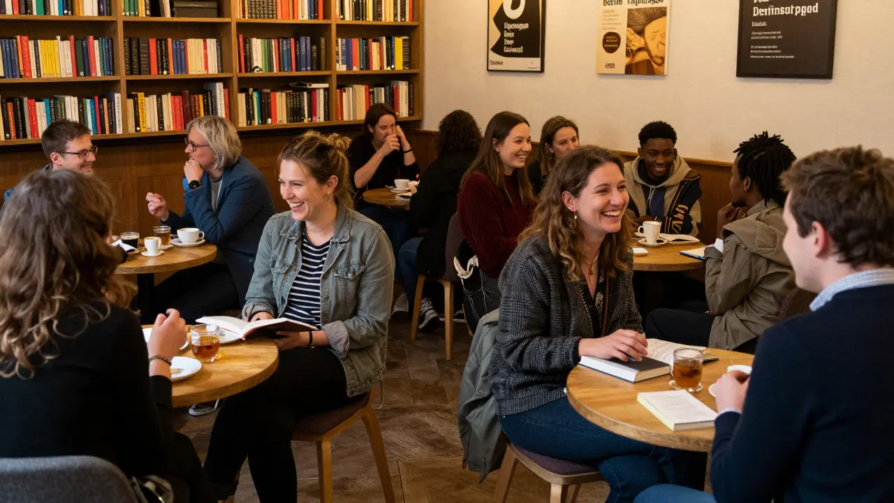 Diverse guests mingling naturally at a casual book café event in Berlin.