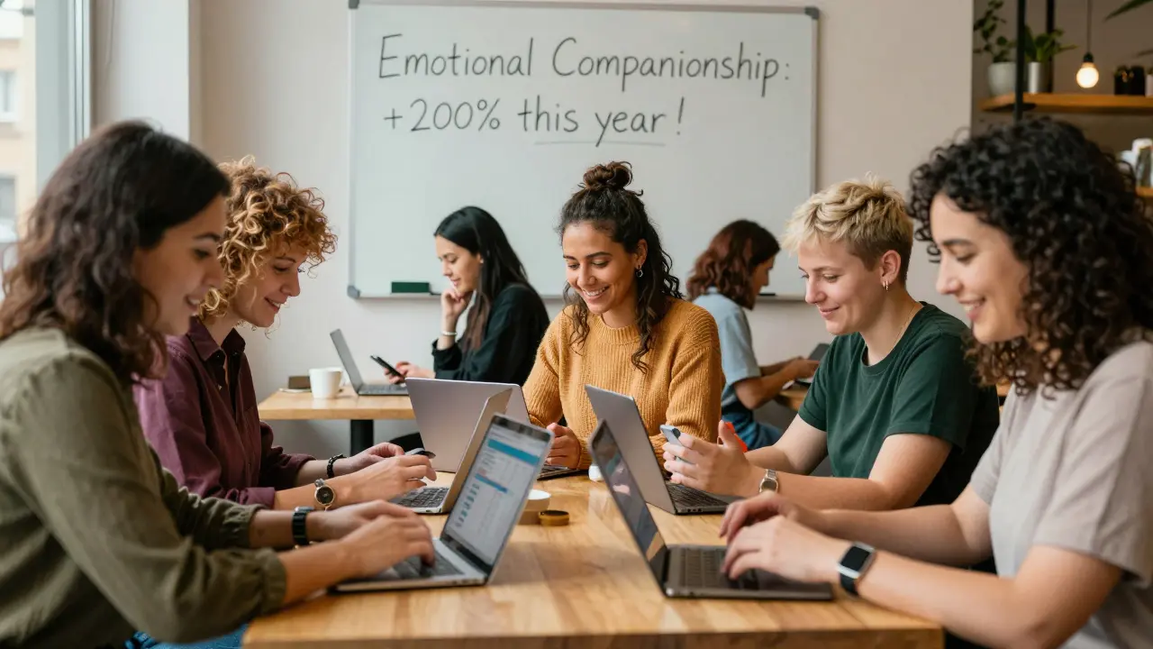 Diverse independent sex workers in a Berlin café, using devices to manage their businesses and schedule clients.