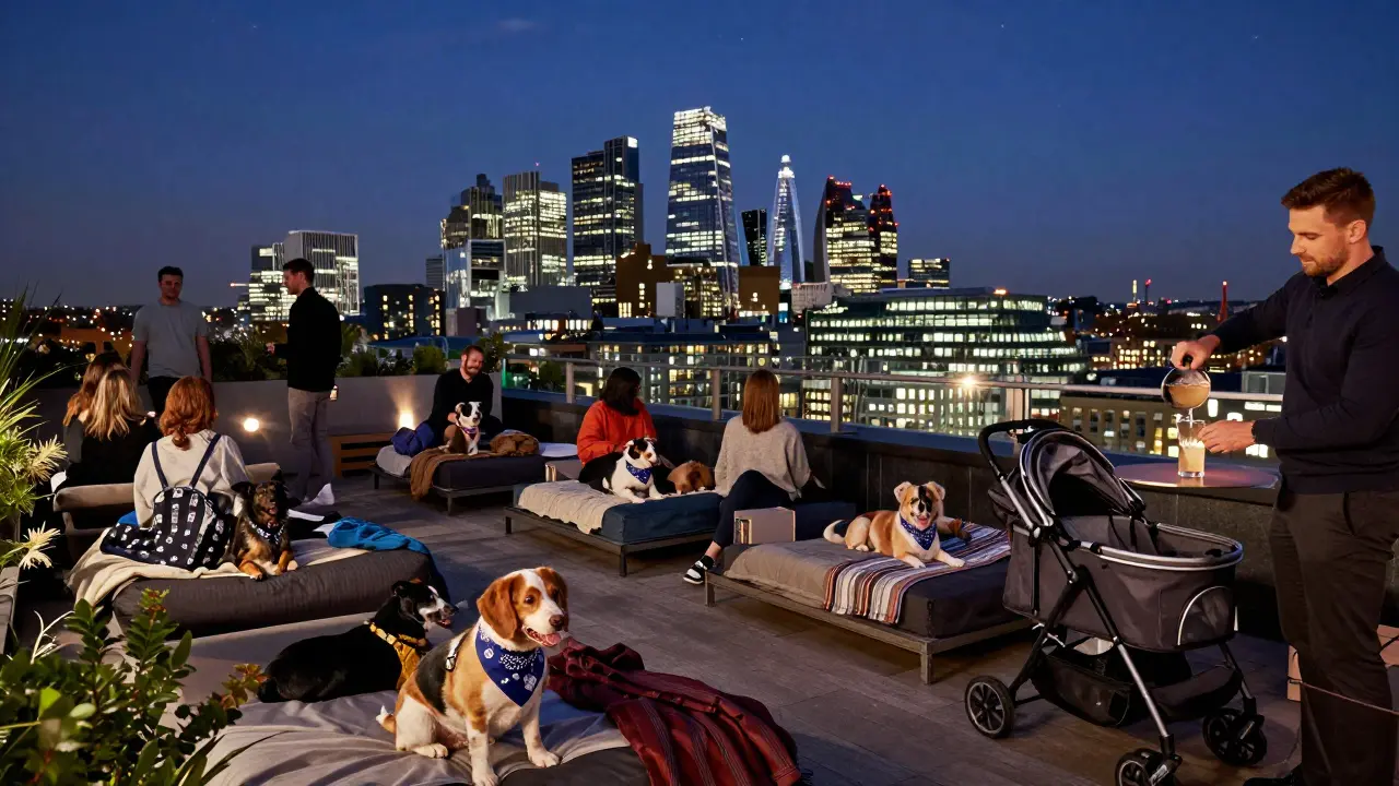 Dogs relax on elevated beds at a London rooftop bar at night, a bartender serves a dog-friendly cocktail, city lights glow in the distance.