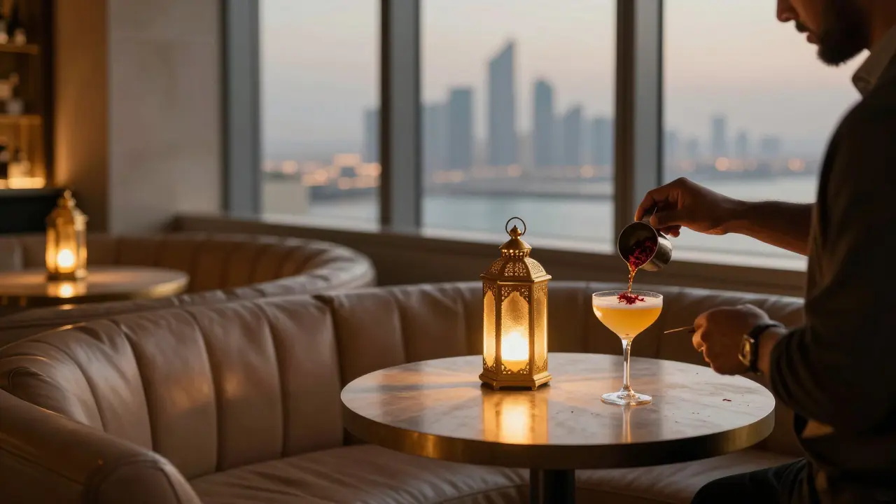 Elegant bar with golden lanterns and a bartender crafting a spiced cocktail in soft ambient light.
