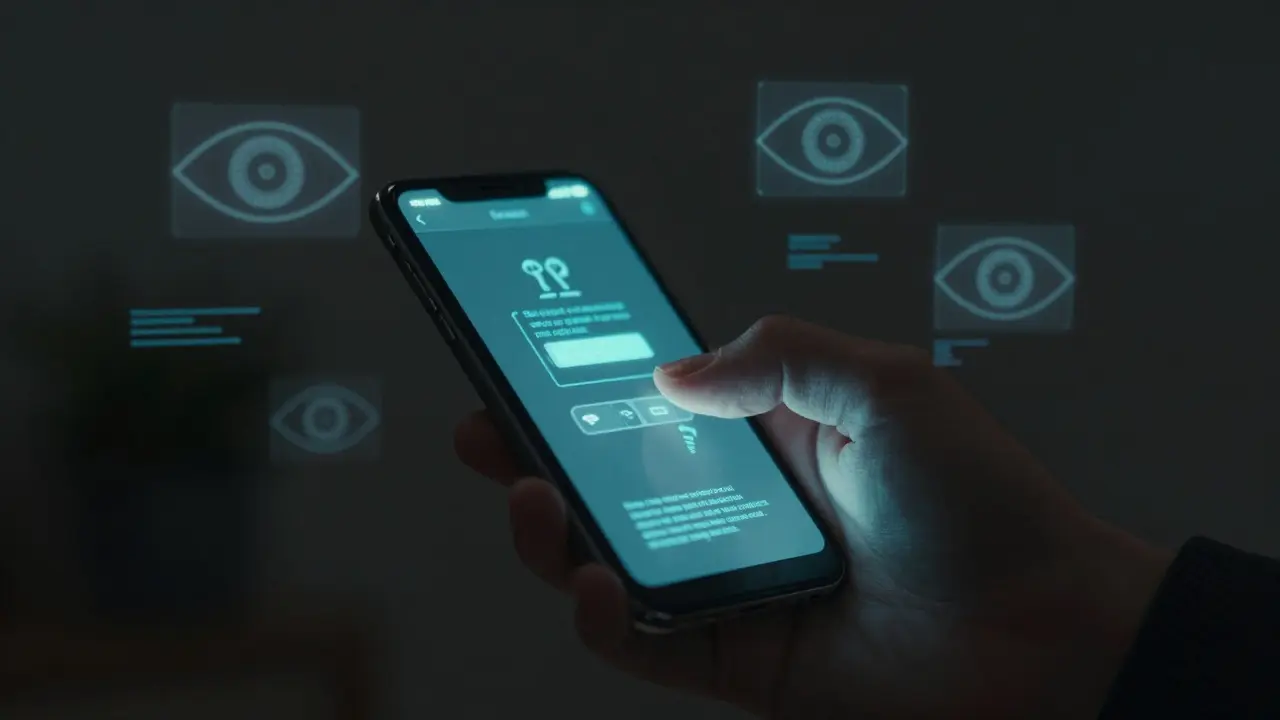 Hand holding smartphone surrounded by abstract data stream symbols