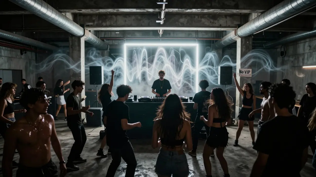 Industrial underground techno club with neon lights, concrete floors, and dancers lost in the beat of a live DJ.