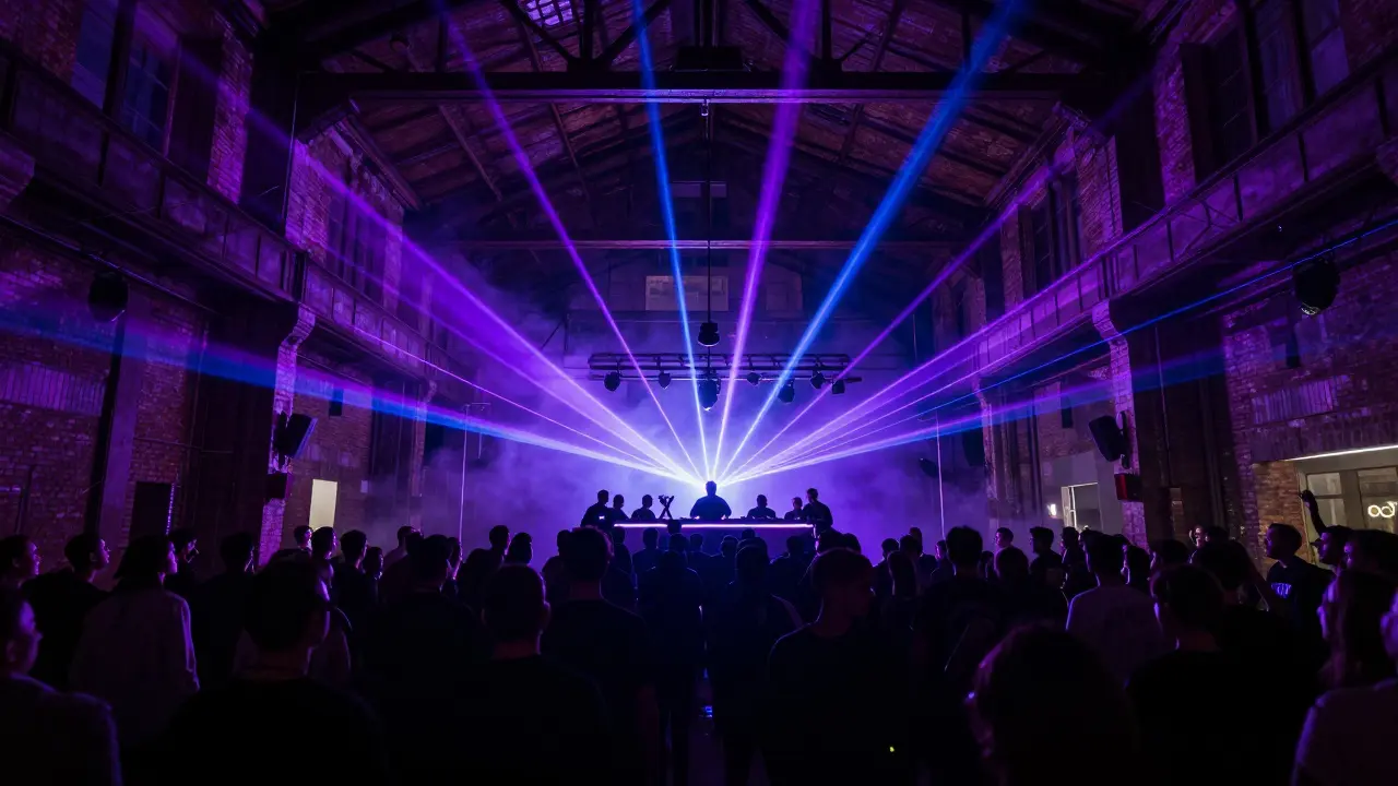 Inside a dark industrial nightclub with lasers and dancing crowd.