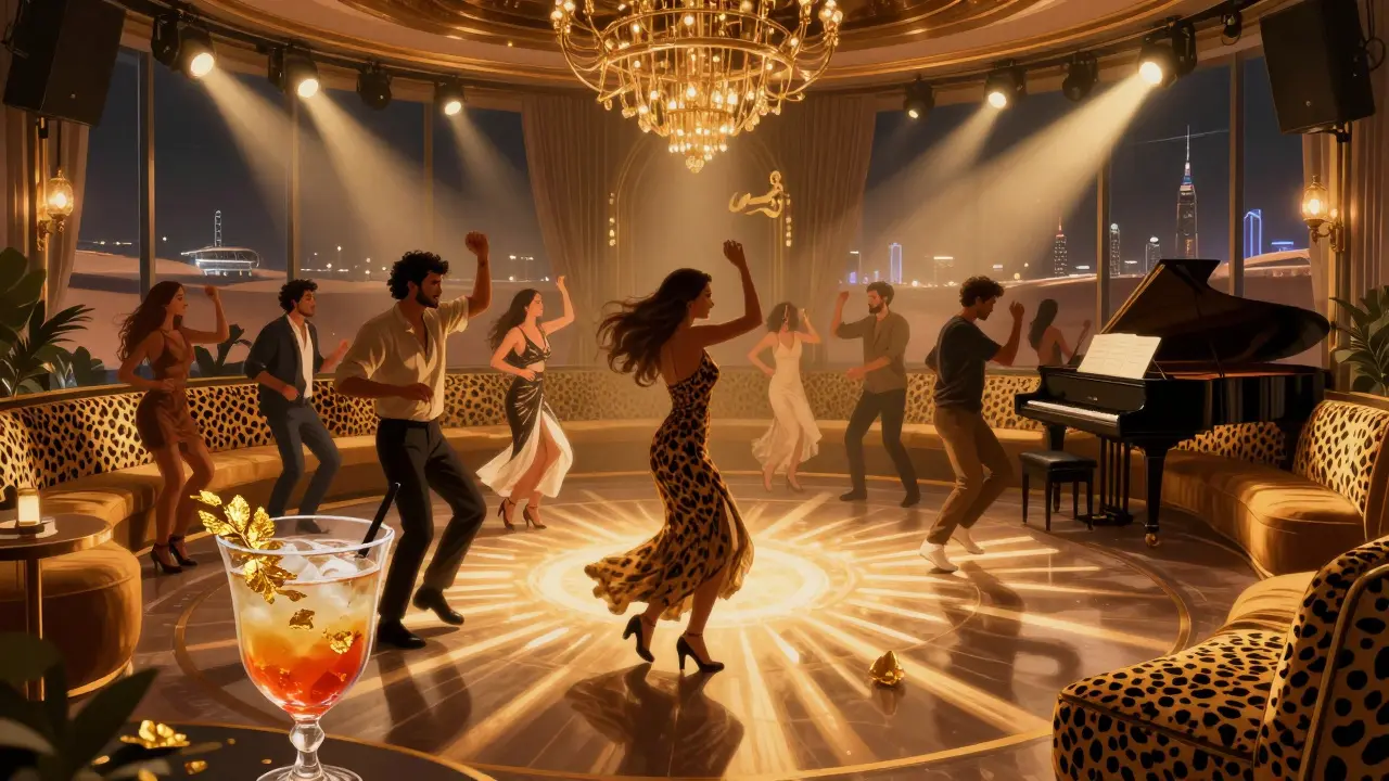 Luxurious Cavalli Club dance floor with golden accents, leopard-print booths, and a live piano under glowing lights.