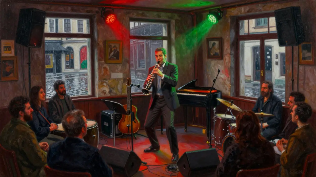 Musician playing clarinet in a vintage Istanbul jazz club.