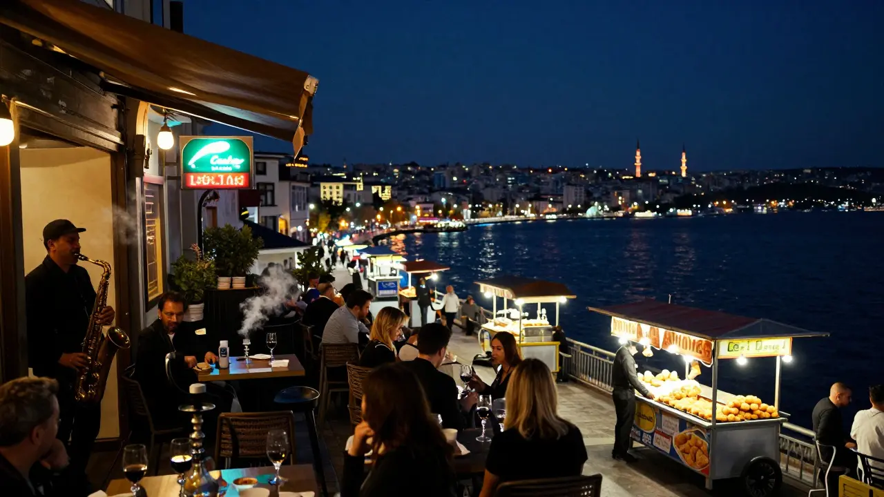Neon-lit Beyoğlu streets at night, with a rooftop bar overlooking the Bosphorus and a jazz club entrance glowing in the dark.