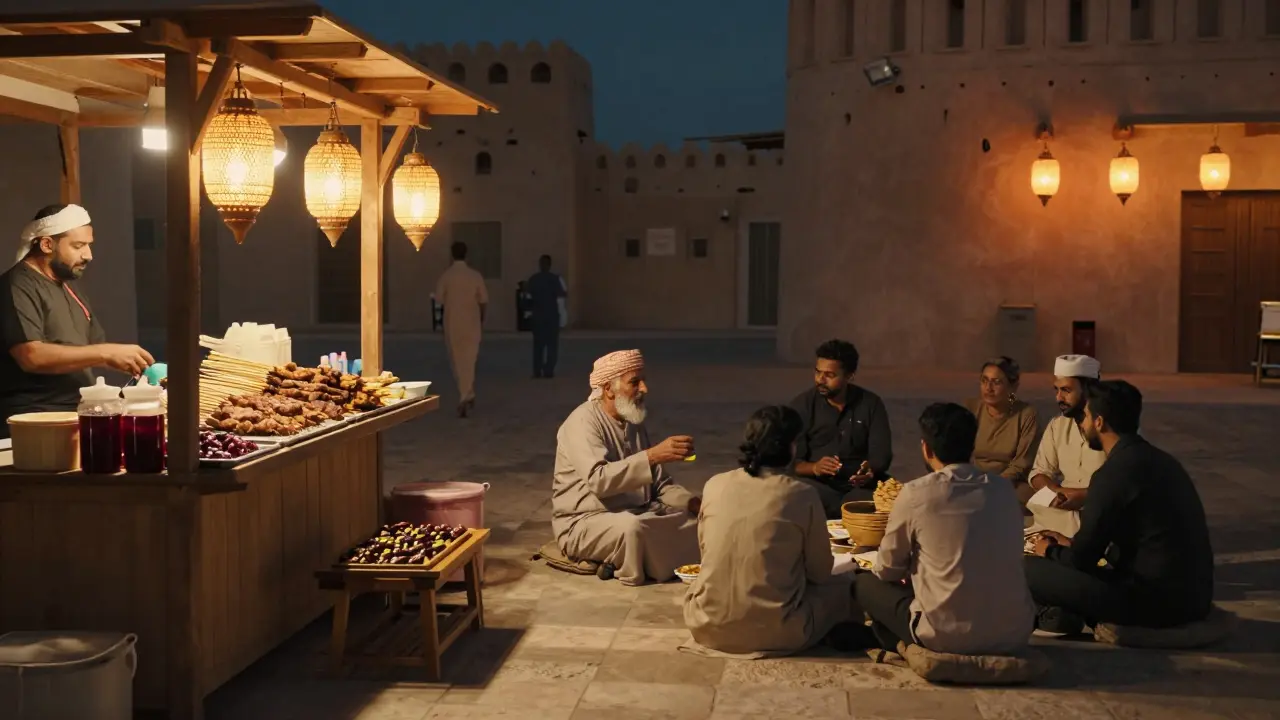 Night market under ancient fort lanterns, people sharing food and storytelling in warm ambient light.