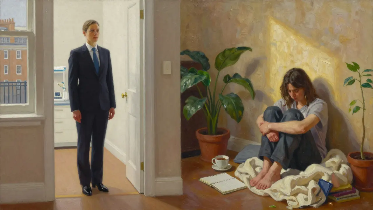 Painting showing split identity between professional and personal self with doorways