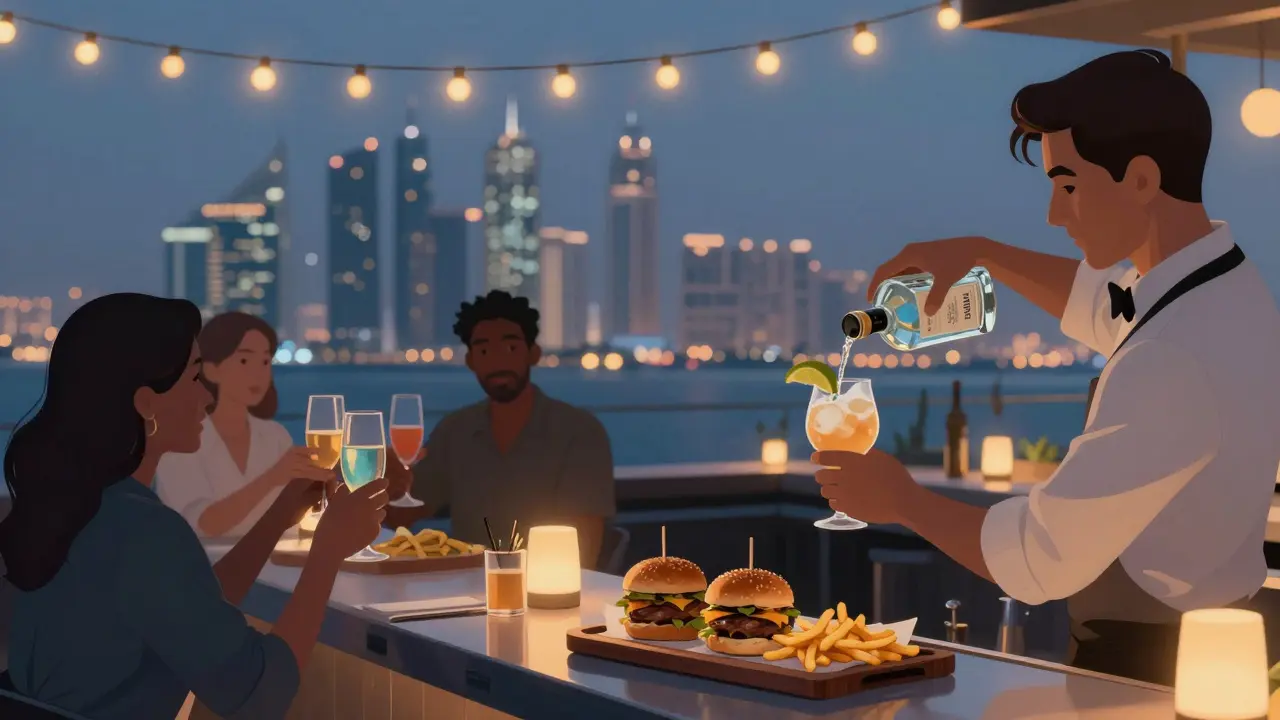 People celebrating at a rooftop bar with city lights in the background, clinking glasses under string lights.