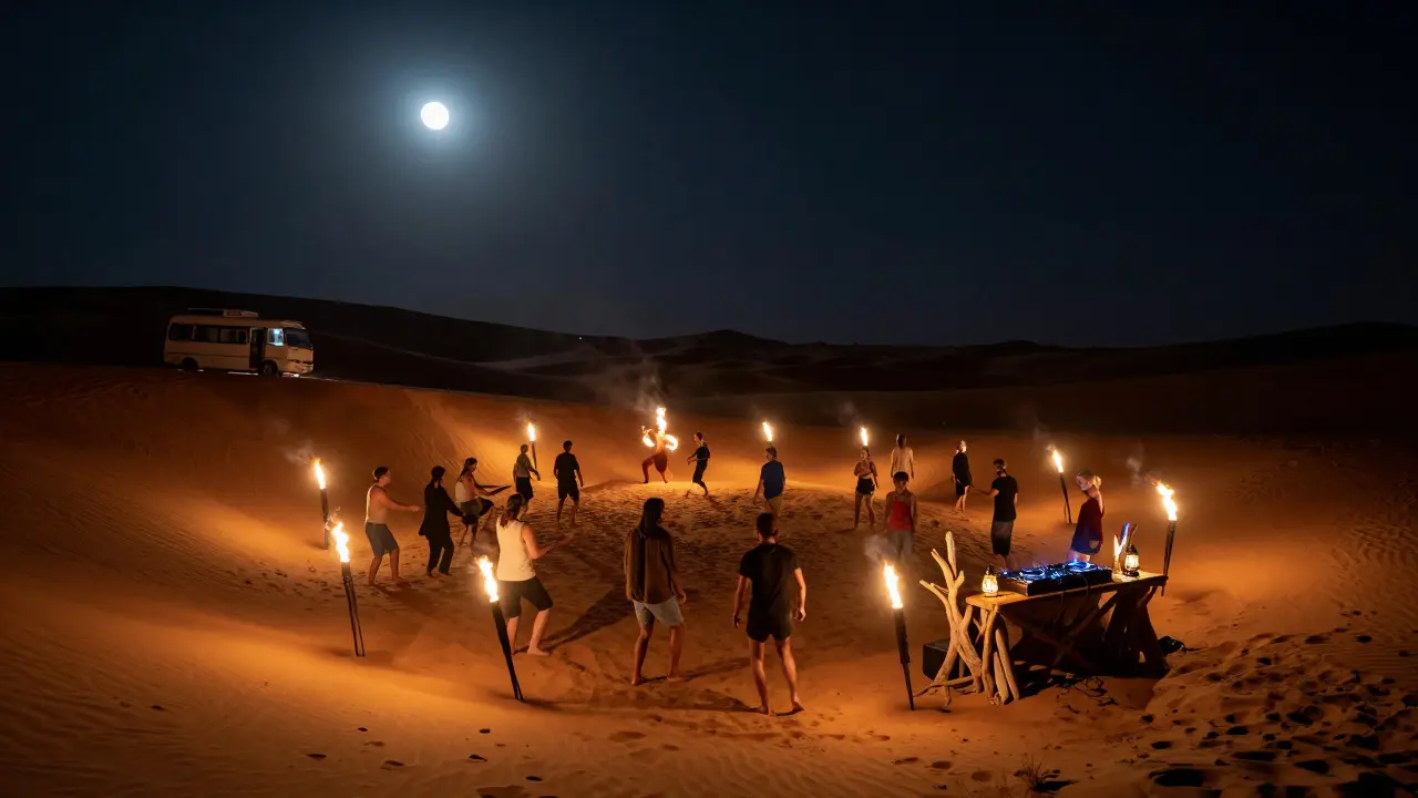 People dancing on desert dunes under a full moon with fire dancers and a DJ booth lit by lanterns.