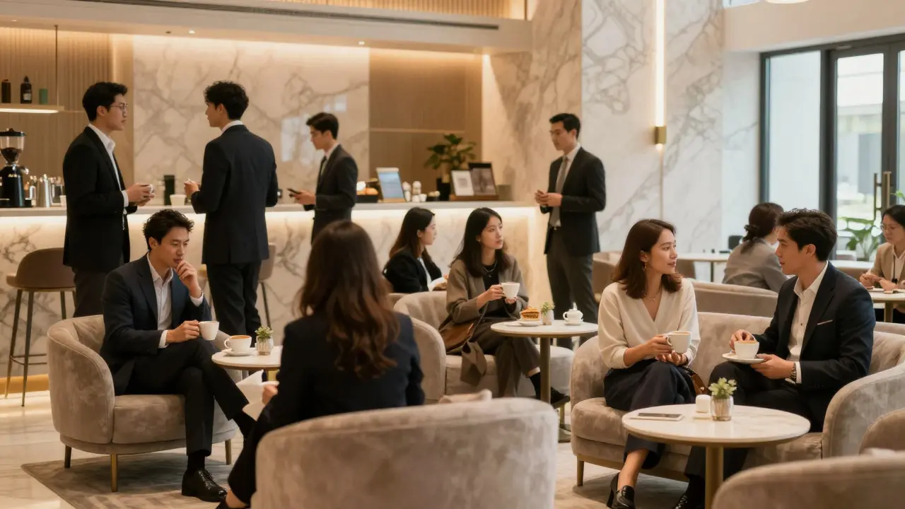 People socializing in a warm hotel lounge setting
