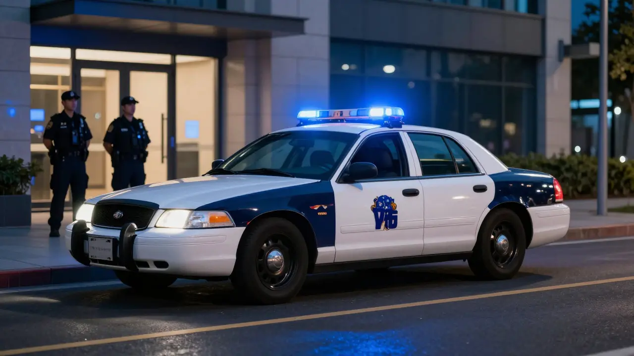 Police cruiser on city street at night with lights