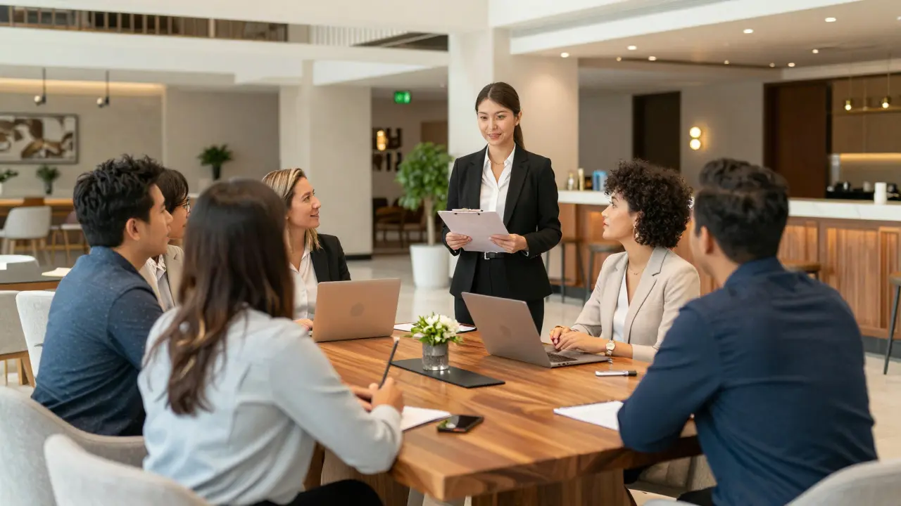 Professionals networking at a corporate event with a licensed host.