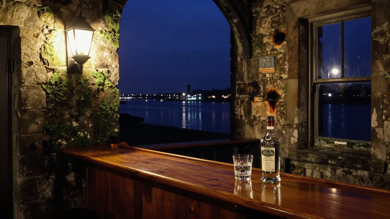 Riverside pub at night with stone walls and lantern light, gin glass on teak bar, Thames shimmering in the distance.
