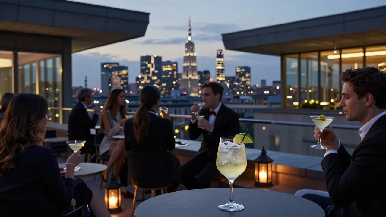 Rooftop bar at Terrazza Triennale with panoramic Milan skyline and guests sipping cocktails at dusk.