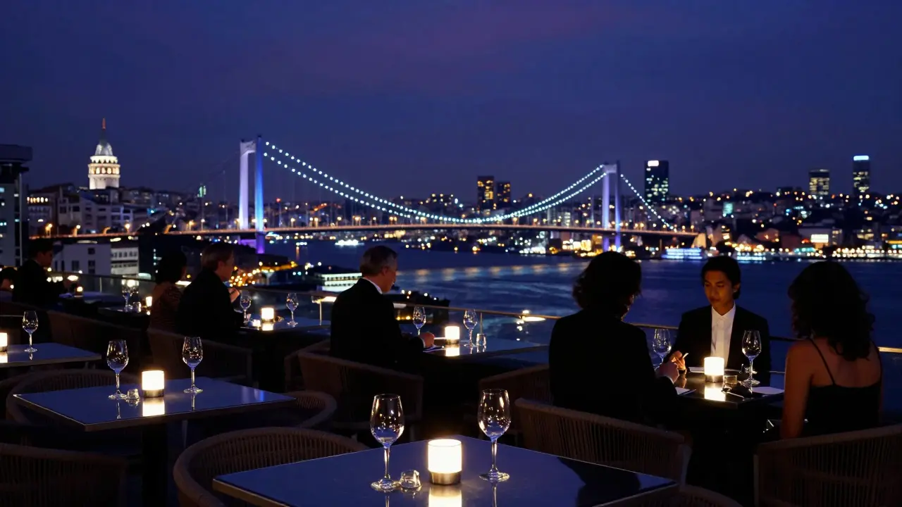 Rooftop view of illuminated Bosphorus bridge at night.