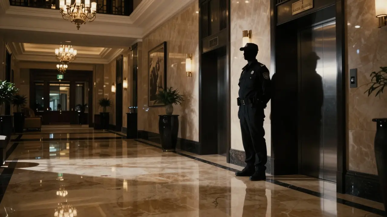 Security guard silhouette in luxury hotel lobby with dramatic shadows
