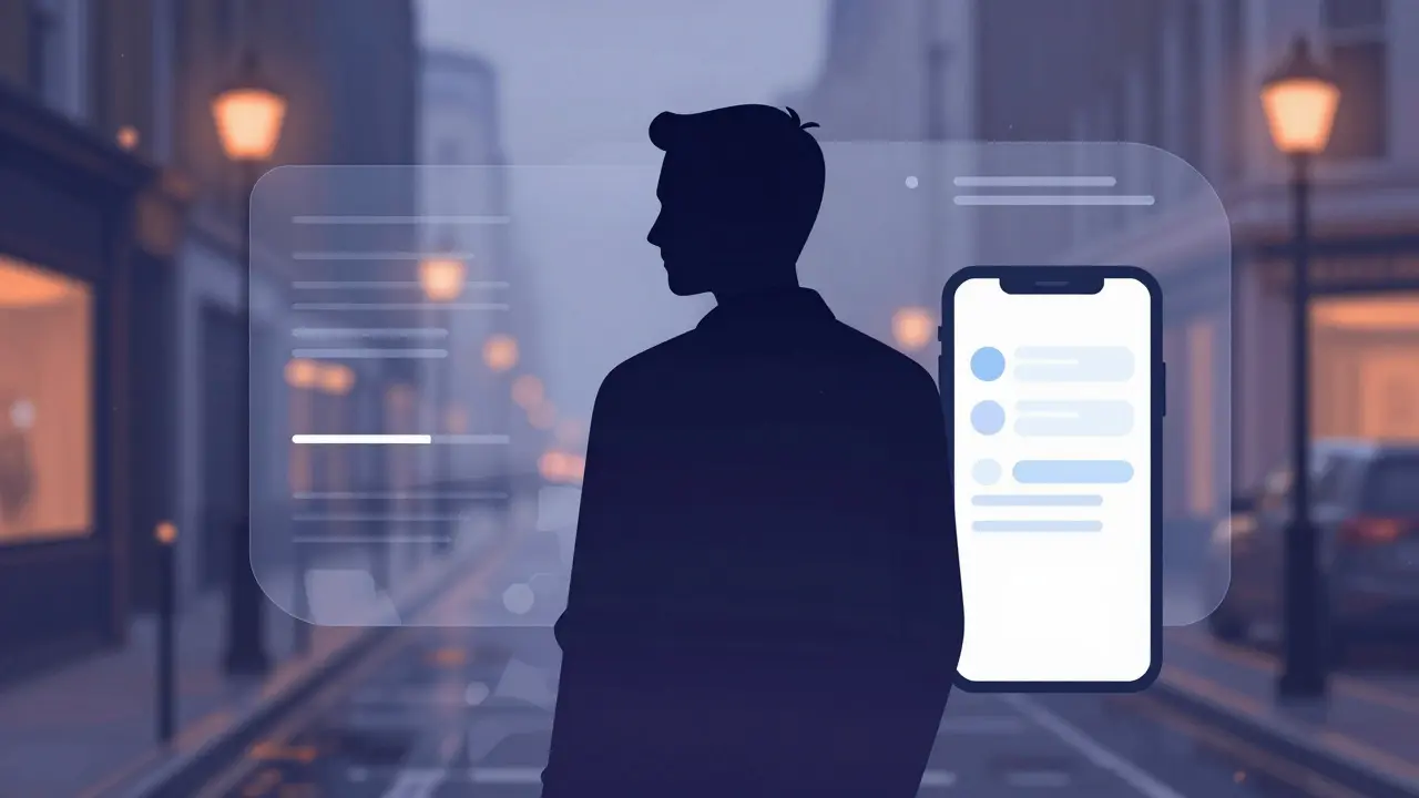 Silhouette figure at meeting spot with security verification elements in urban setting