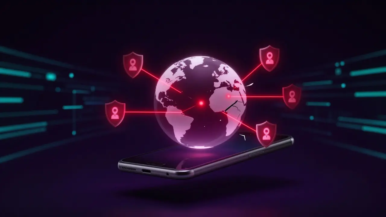 Smartphone with data streams representing digital monitoring and risks.