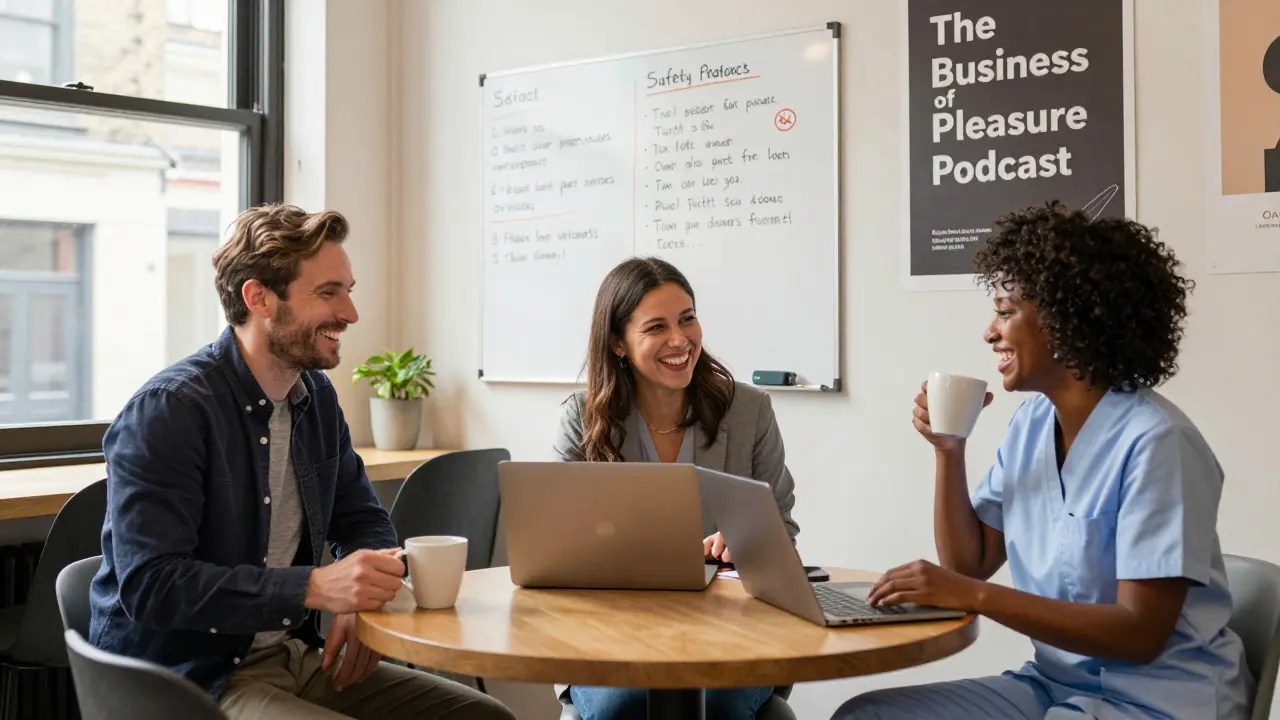 Three professionals from different backgrounds chatting in a co-working space, discussing safety and tax tips on a whiteboard.