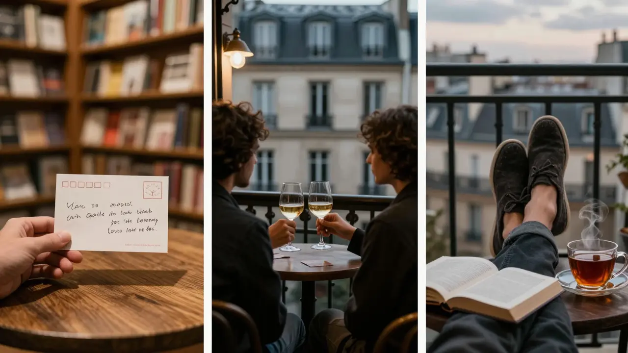 Three quiet moments of companionship: a postcard on a bookshop table, wine in a cellar, and tea on a balcony overlooking Paris rooftops.