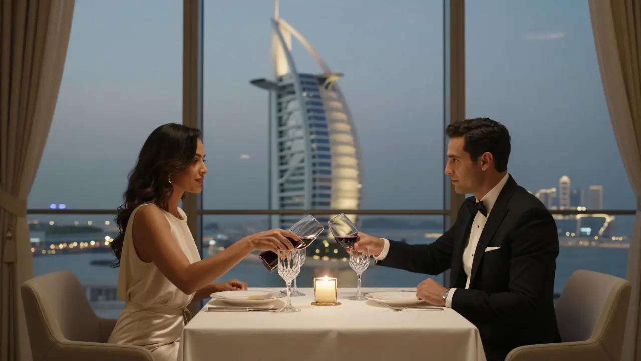 Two elegant individuals dining privately in a high-end Dubai restaurant with skyline views.