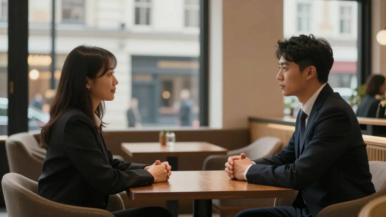 Two people meeting professionally in a lit hotel lobby