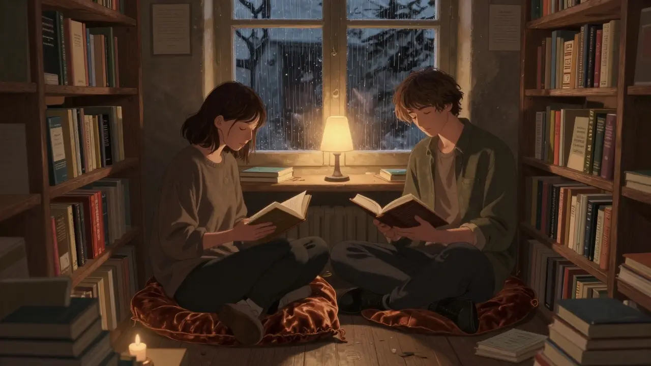 Two people read poetry together in a cozy Berlin bookstore, bathed in warm lamplight.