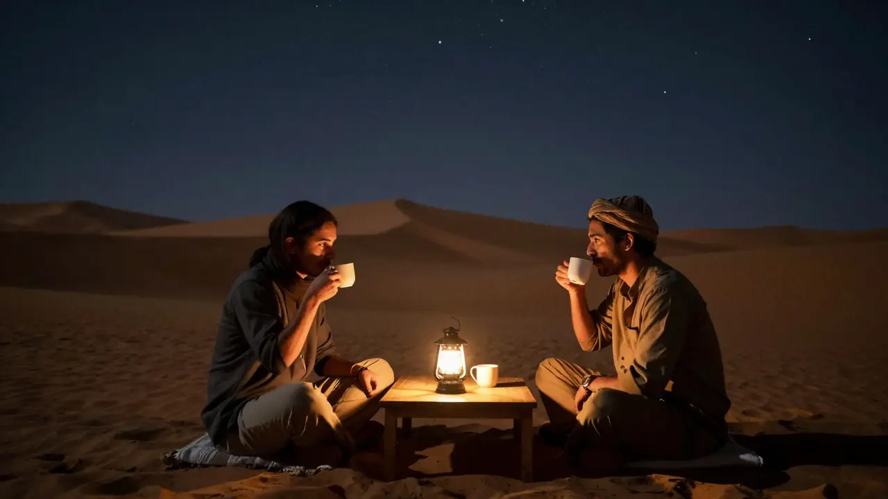 Two people share quiet moments in a desert camp at midnight, lit by lanterns and surrounded by dunes.