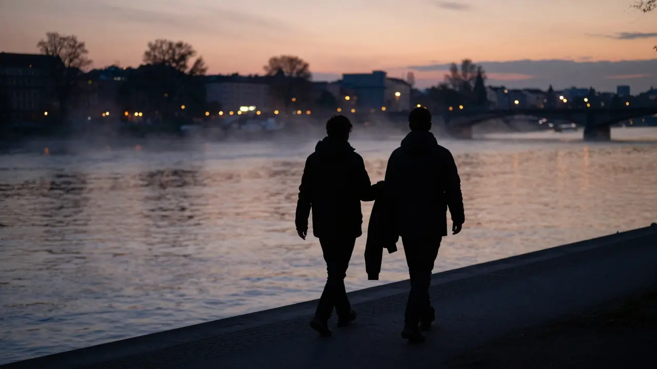Two silhouettes walking peacefully along the Spree River at dusk, one offering a jacket.