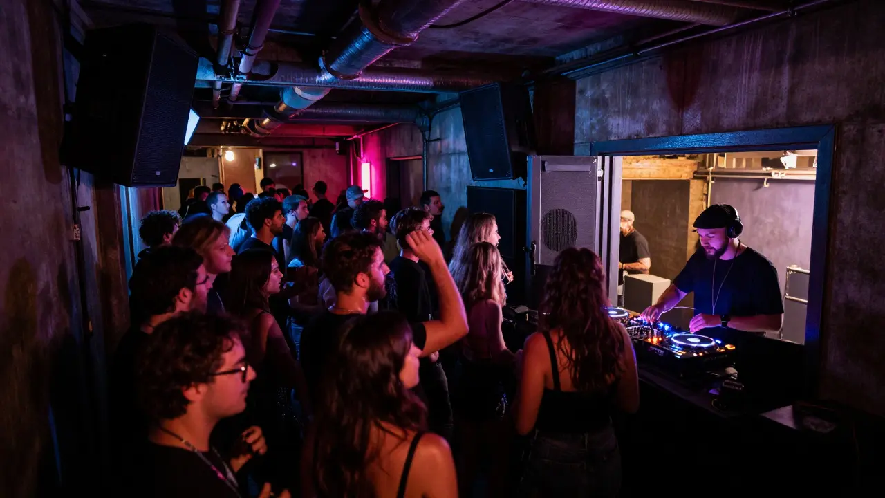 Underground club Alcatraz with energetic crowd dancing under strobe lights and industrial architecture.