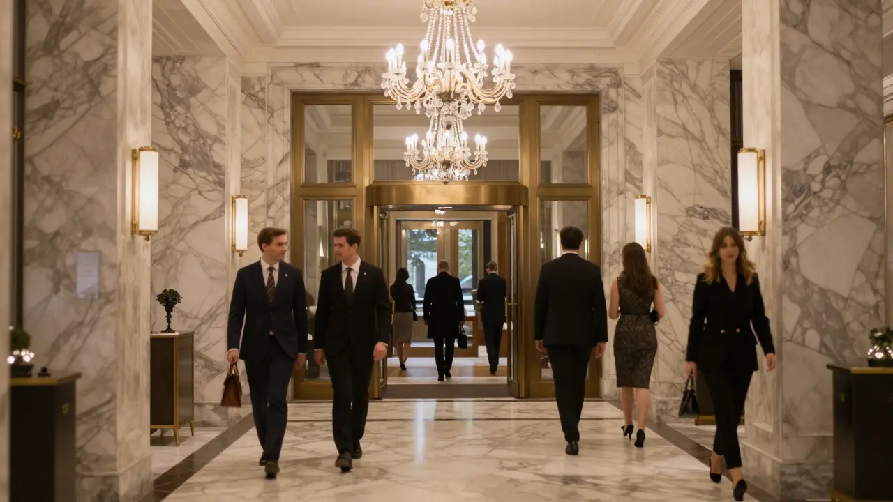 Upscale hotel lobby with elegantly dressed guests in marble hall