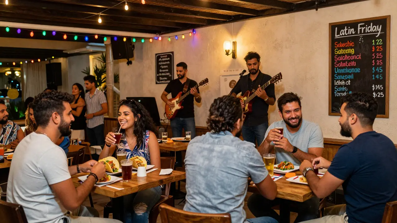 Vibrant outdoor bar with people laughing over food and music during a themed night.